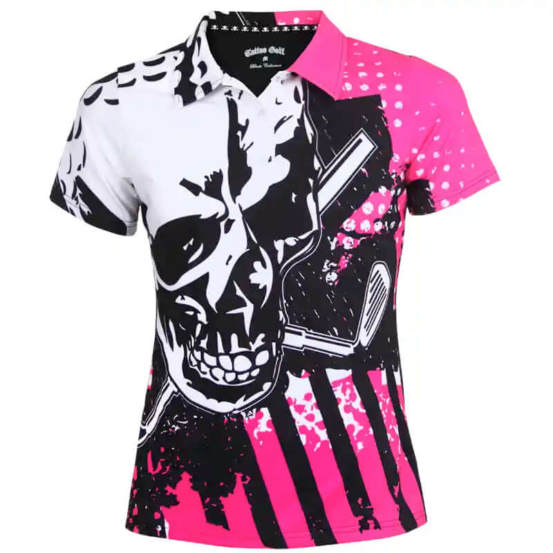 Ladies Polo shirt with skull design on a white background