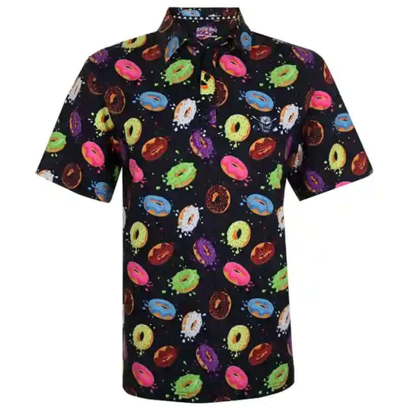 Colorful donut pattern shirt on golf polo