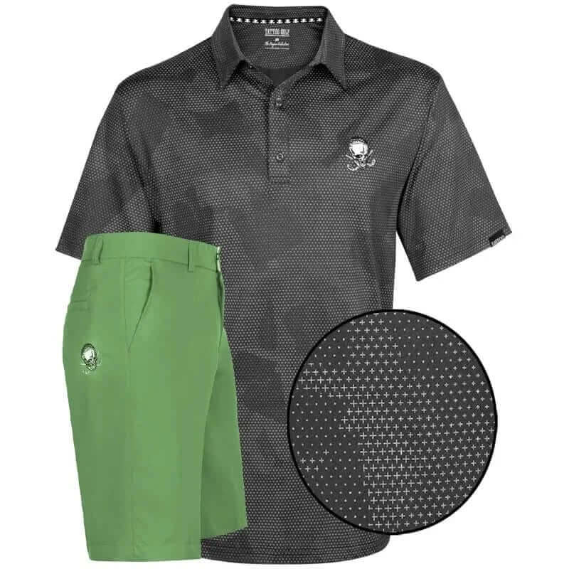 Black patterned polo shirt and green shorts
