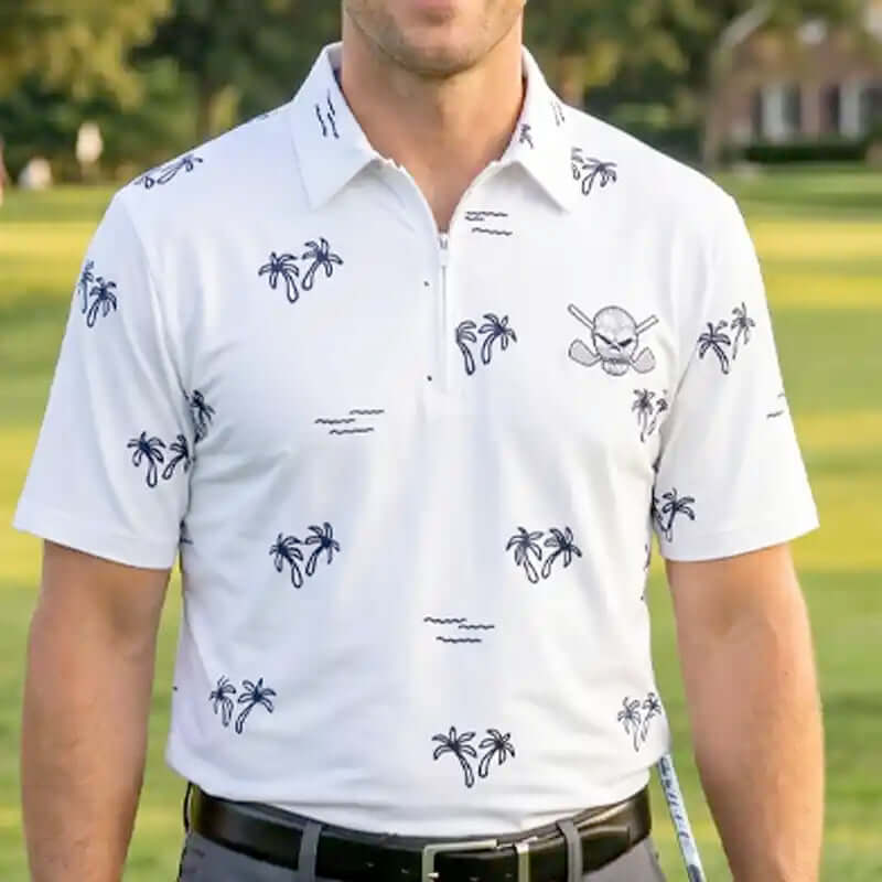 golfer wearing a white polo shirt with black patterns on a golf course