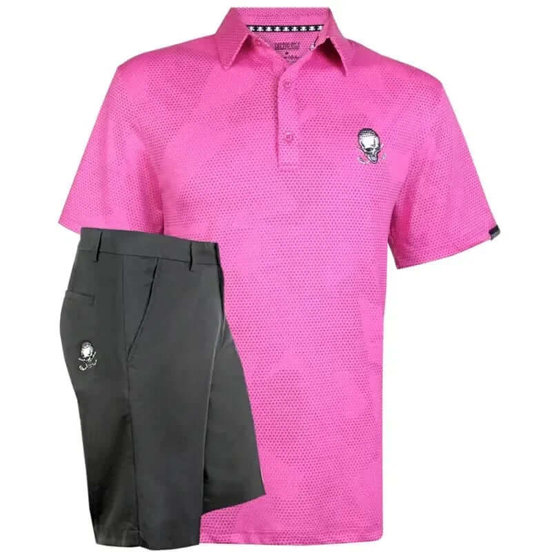 Pink polo shirt and black shorts