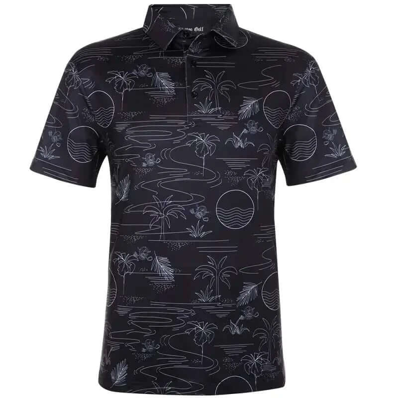 Summertime Cool-Stretch Men's Golf Shirt featuring a black palm tree design for stylish golf performance.