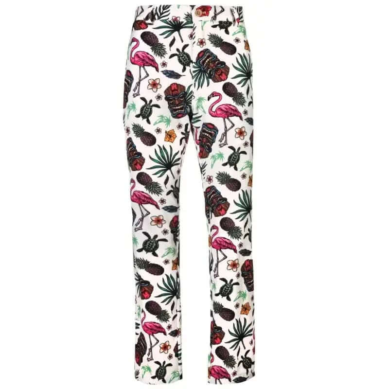Men's golf pants with a Hawaiian Tiki theme, featuring an embroidered skull and various tropical designs