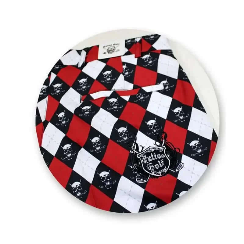 Monster ProCool Golf Shorts in a red, black, and white skull pattern showcasing bold golf style.