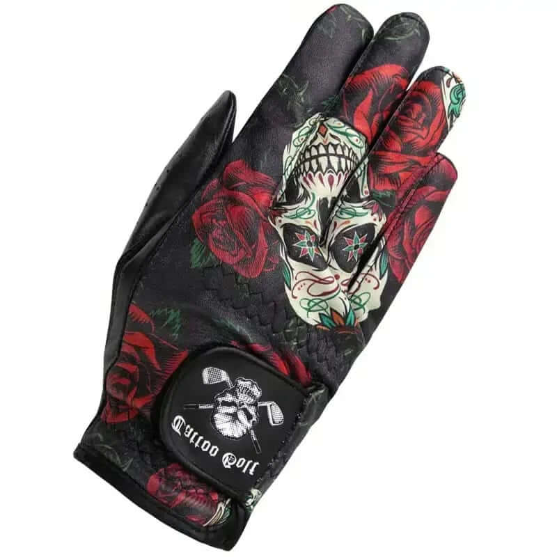 Glove with skull and rose design on a white background