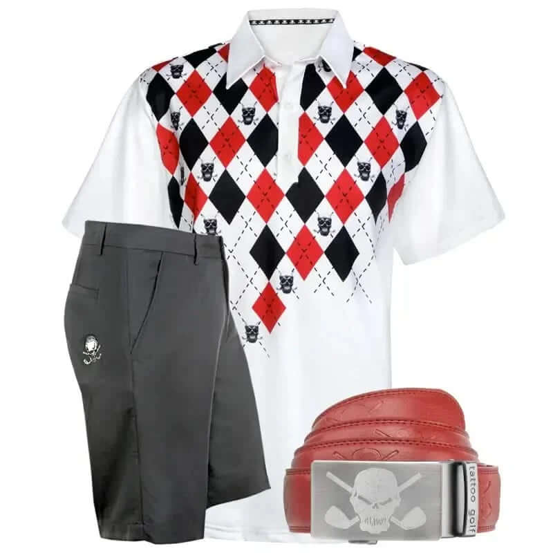 Golf outfit with argyle shirt, black pants, red belt, and skull buckle