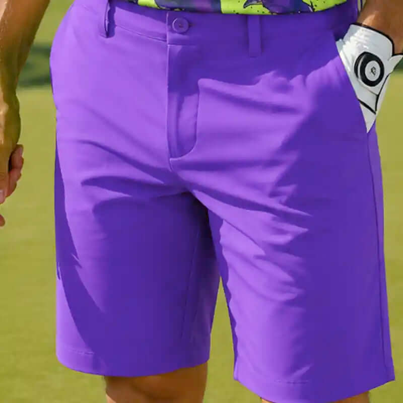 men's purple golf shorts worn by a person on a golf course
