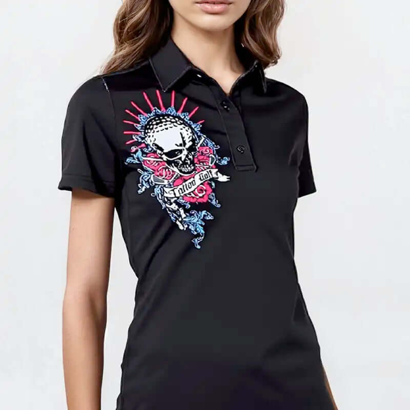 Black polo shirt with a colorful skull and floral design on a white background