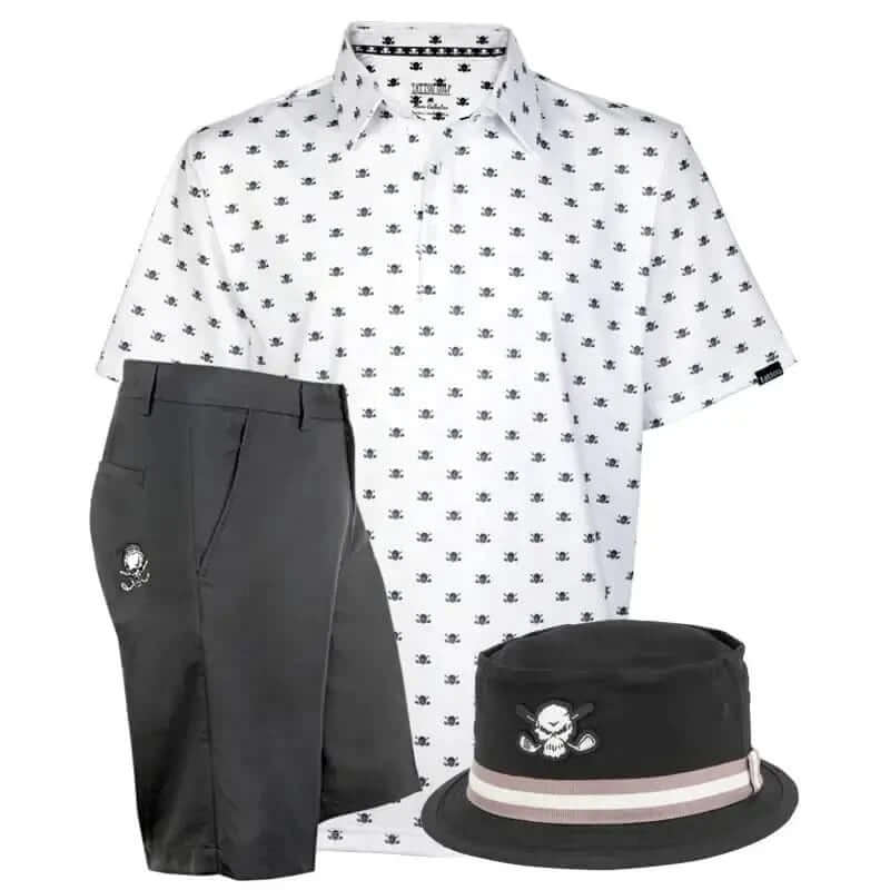 White golf shirt with black skull pattern, black shorts, and black bucket hat with skull design