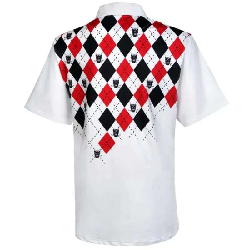 Back view of the Monster Cool-Stretch Golf Shirt showcasing bold red and black argyle pattern with iconic skull design.