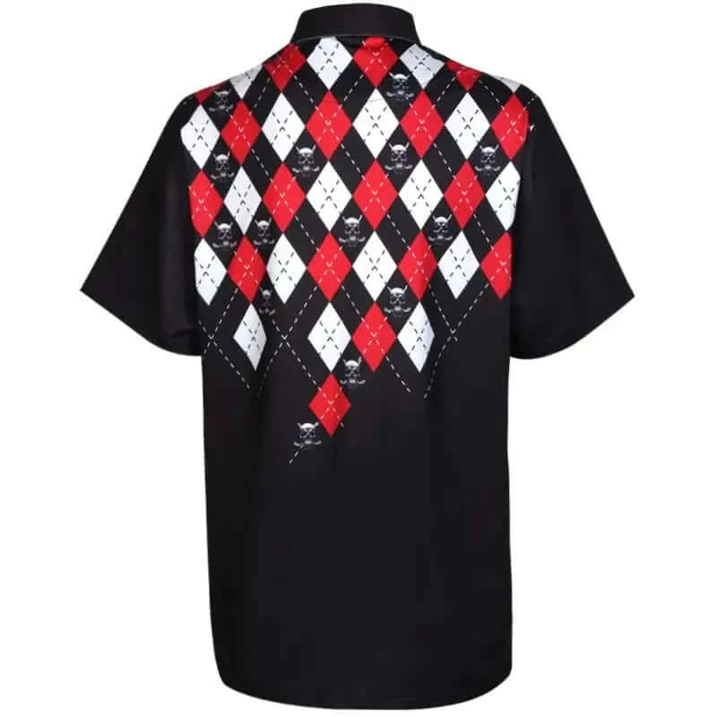 Back view of the Monster Cool-Stretch Golf Shirt with a bold argyle-inspired print in black, red, and white.