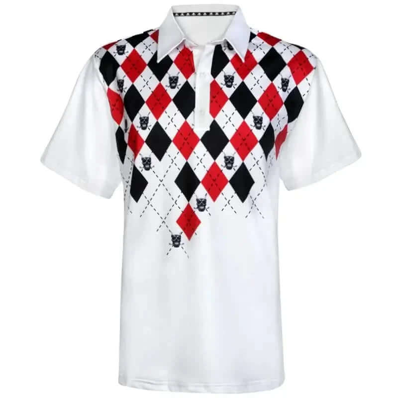 A men's white golf shirt with a black, red, and white checkered argyle pattern and skull designs on the front and back.