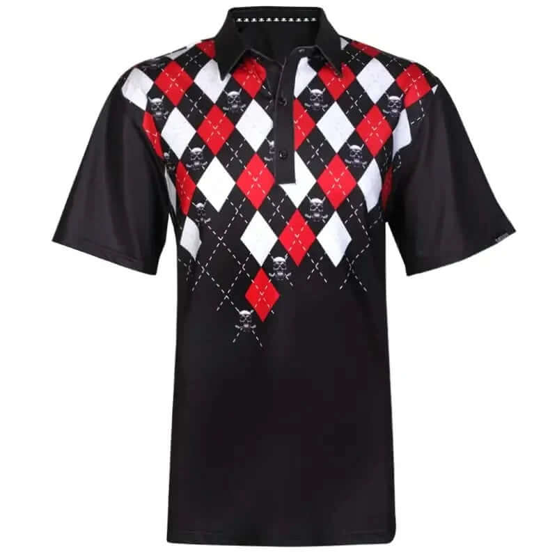 A black men's golf shirt with a checkered argyle pattern in red and white, featuring skull and club designs on the front and back.