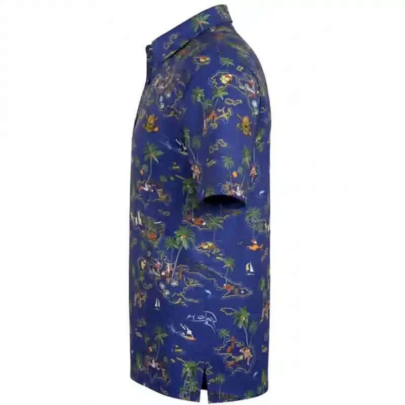 Blue golf shirt with colorful tropical pattern