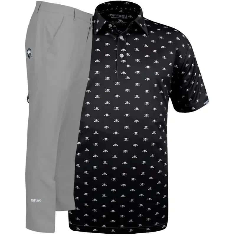 Black patterned shirt with mini skull design and gray golf pants