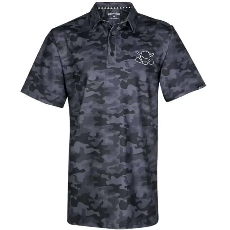 A black camouflage golf shirt with short sleeves, featuring a skull and crossed golf clubs design on the chest and back.