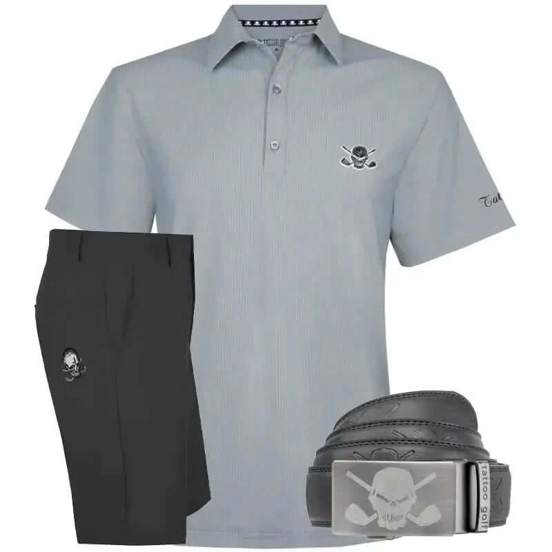 Gray polo shirt, black shorts, and belt