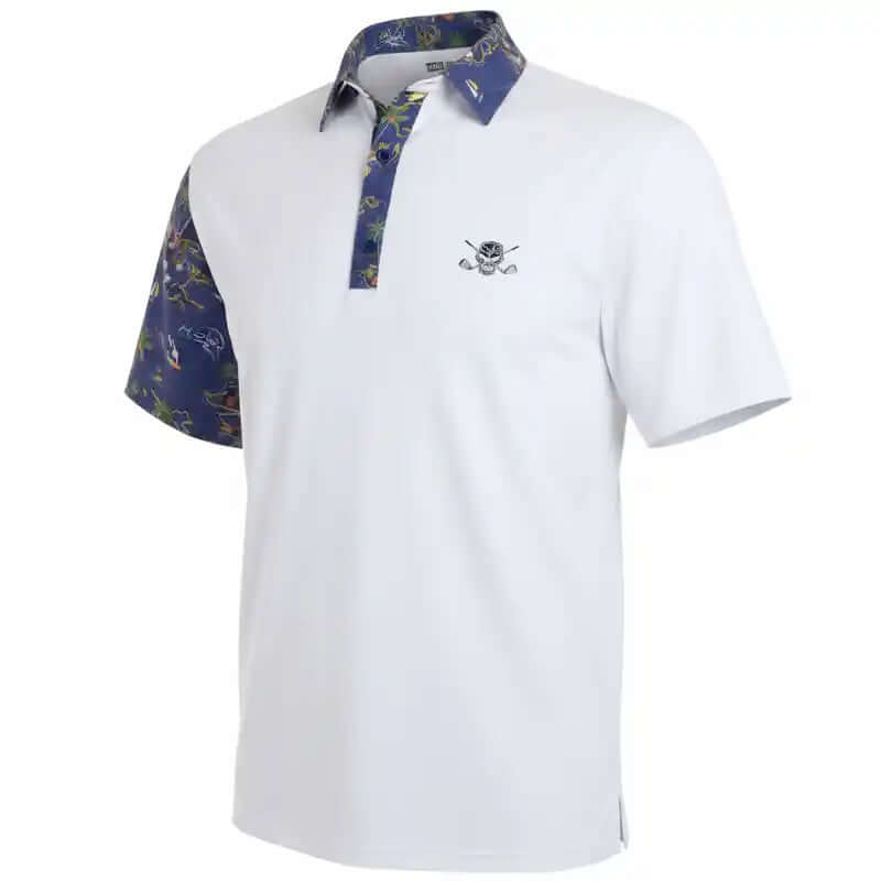 White polo golf shirt with floral sleeves and collar