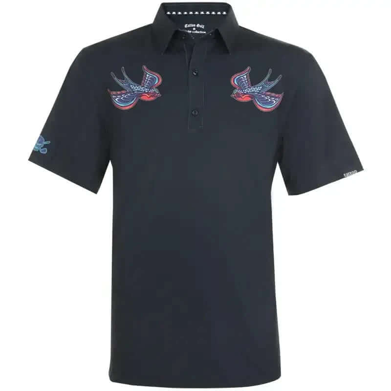 Black birdie polo shirt with colorful swallows designs