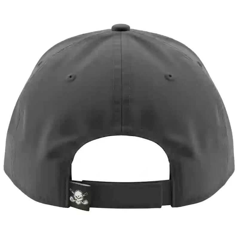 Black cap with a skull and crossbones logo