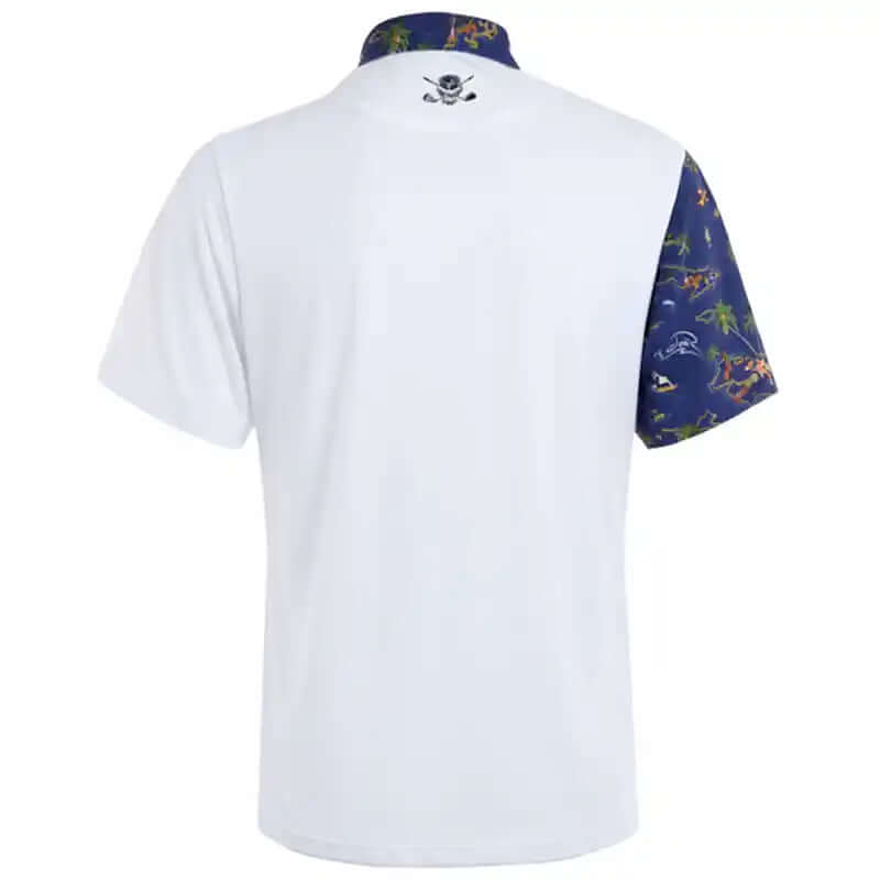 White men's polo shirt with colorful sleeves on