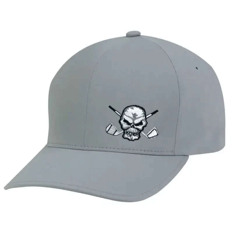 A grey golf hat with a structured front and a Skull & Crossing Clubs emblem on the front.