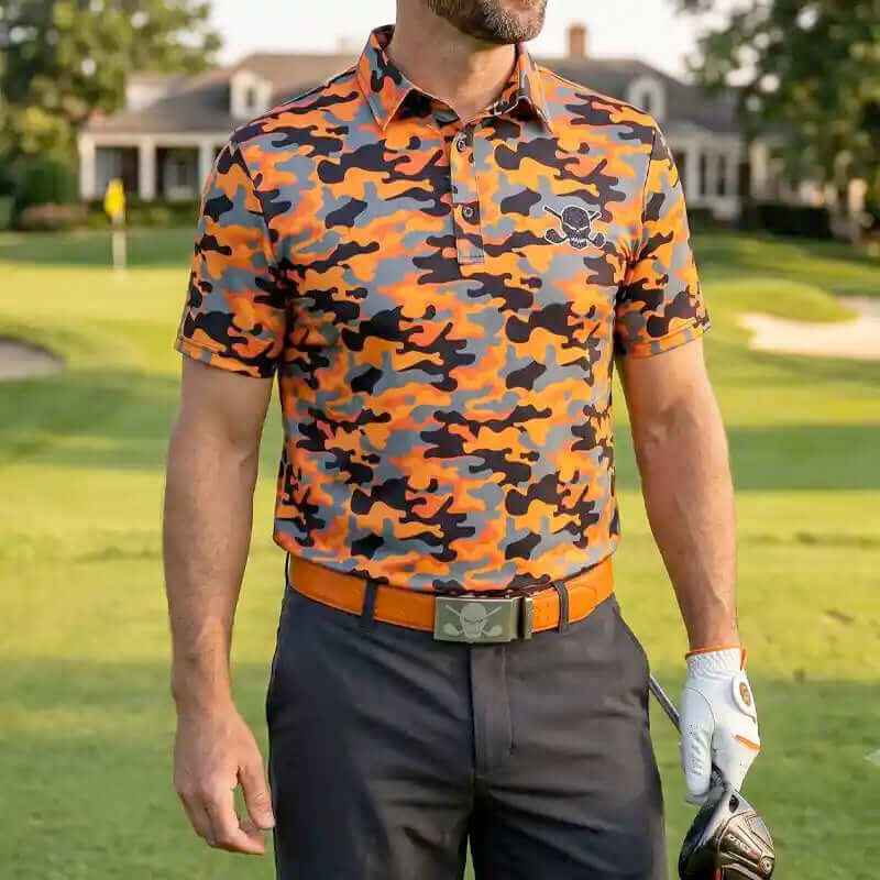 August Golf Outfit - Save 20% - Orange Camo, Shorts, Belt