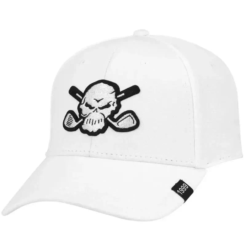 A white baseball cap with a black embroidered design of a skull and crossed golf clubs, and the number 1999 on the brim.