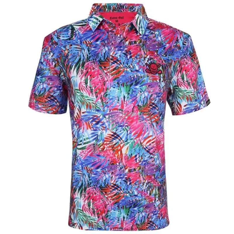 Colorful tropical patterned golf shirt with skull design