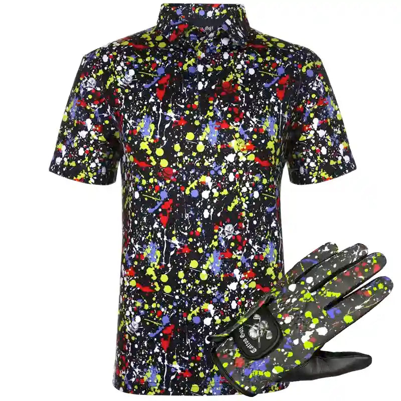 Colorful paint patterned design golf shirt and matching golf glove