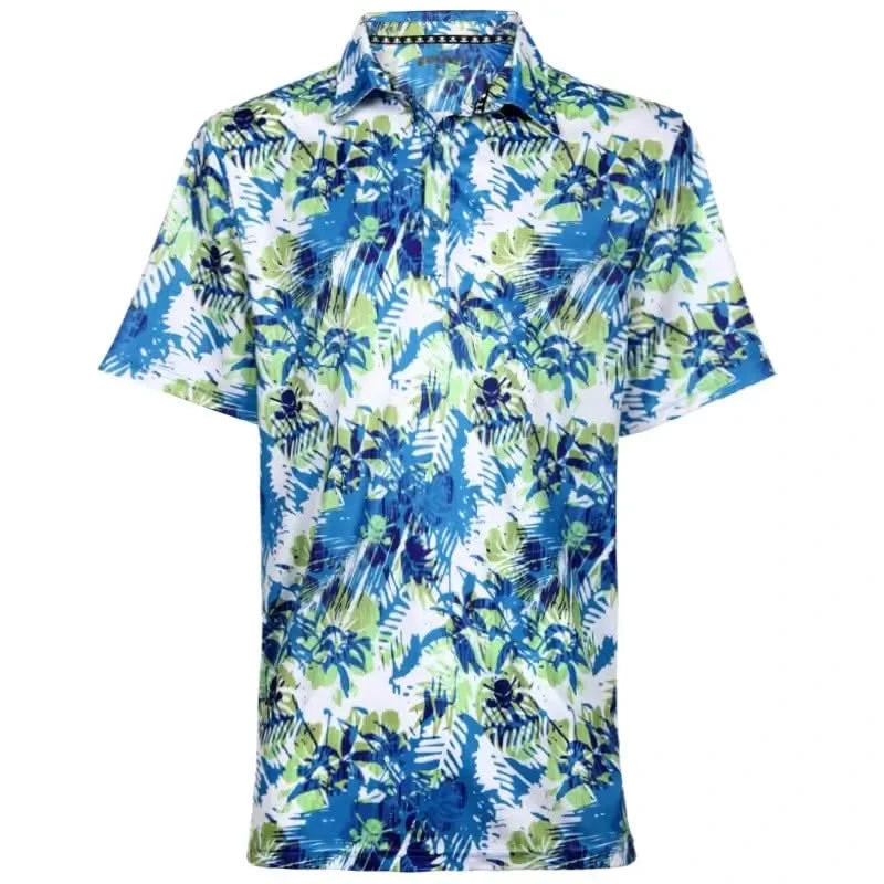 Aloha Cool-Stretch Men's Hawaiian Golf Shirt in blue and green tropical design with palm leaves and flowers.