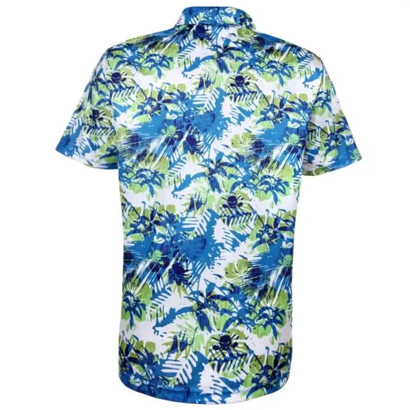 Back view of the Aloha Cool-Stretch Men's Hawaiian Golf Shirt featuring vibrant blue and green tropical patterns.
