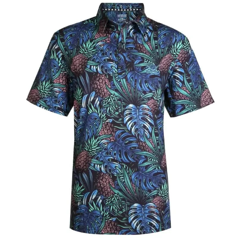 Aloha Cool-Stretch Men's Hawaiian Golf Shirt in green with tropical leaf pattern for stylish performance.