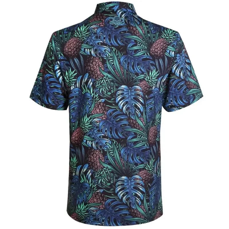 Back view of Aloha Cool-Stretch Men's Hawaiian Golf Shirt featuring vibrant tropical leaves and pineapples in green and blue.