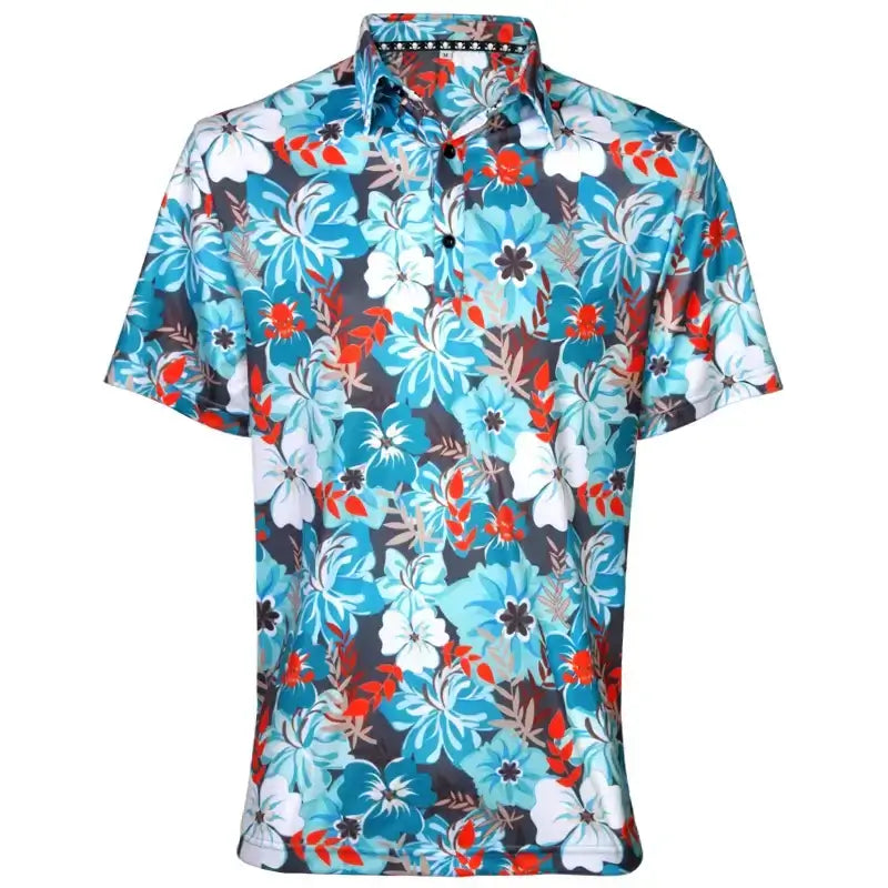 Aloha Men's Hawaiian Golf Shirt displayed on a mannequin with a colorful floral pattern in teal and orange shades.