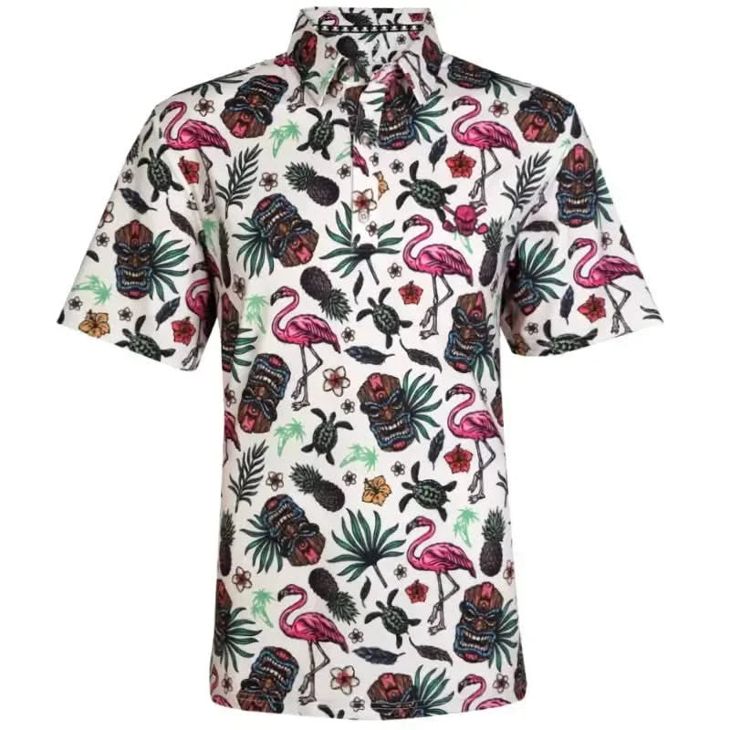 A men's golf shirt with a colorful Hawaiian-inspired floral and animal pattern on a white background, featuring a classic 3-button placket design.