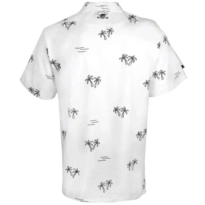 Aloha Cool-Stretch Men's Hawaiian Golf Shirt in White featuring tropical palm tree prints on the back.