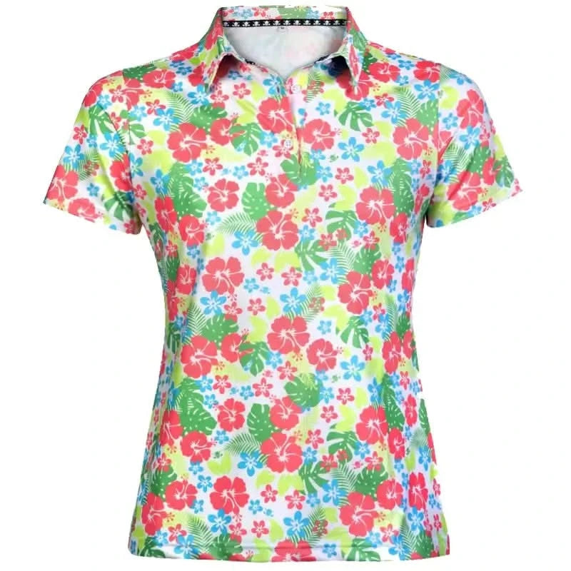 Aloha Cool-Stretch Women's Golf Shirt displayed on a mannequin featuring a vibrant floral pattern in red, green, and blue colors with a Tattoo Golf emblem on the chest.
