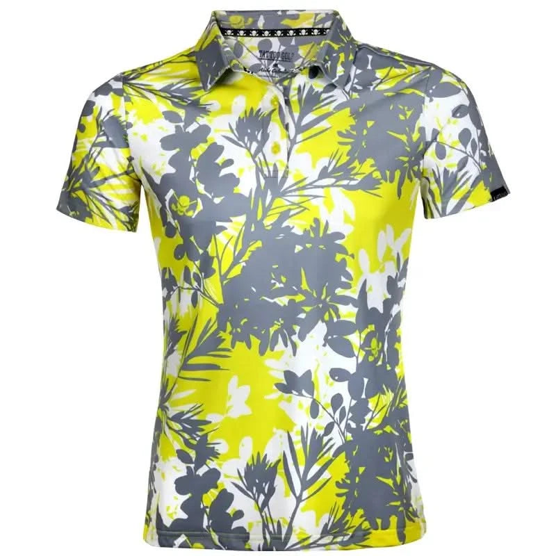 A yellow and grey floral-patterned women's golf shirt with a three-button placket and short sleeves.