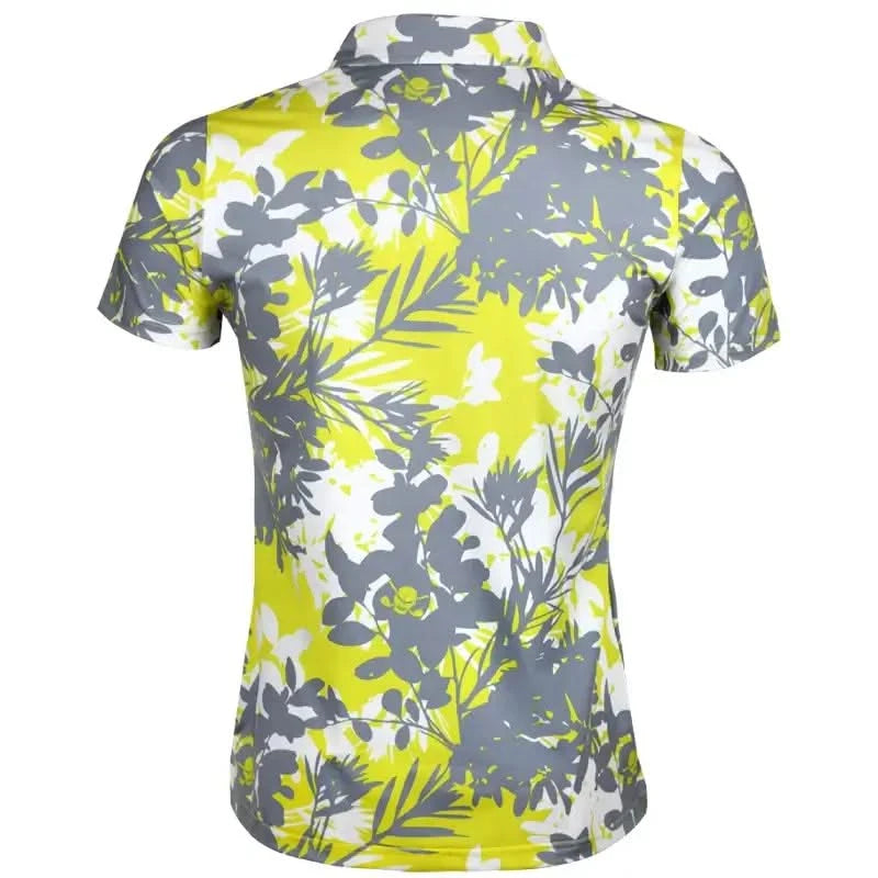 Tattoo Golf Aloha women's polo in yellow and grey, shown from the back with its Hawaiian floral pattern.