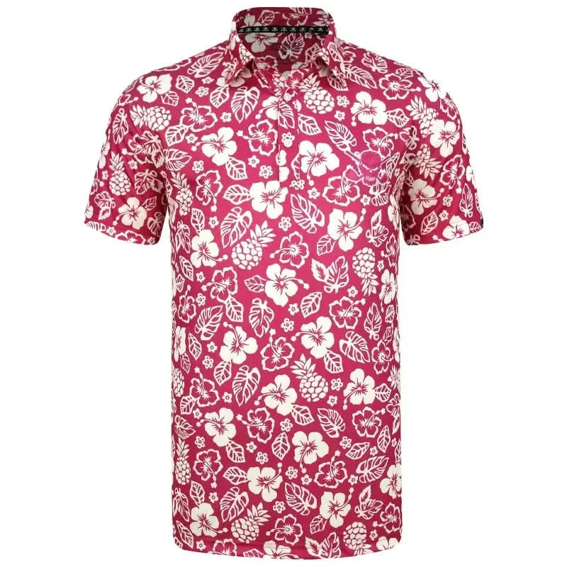 Aloha Cool-Stretch Men's Hawaiian Golf Shirt in red and tan with a geometric pattern featuring leaves and skulls.