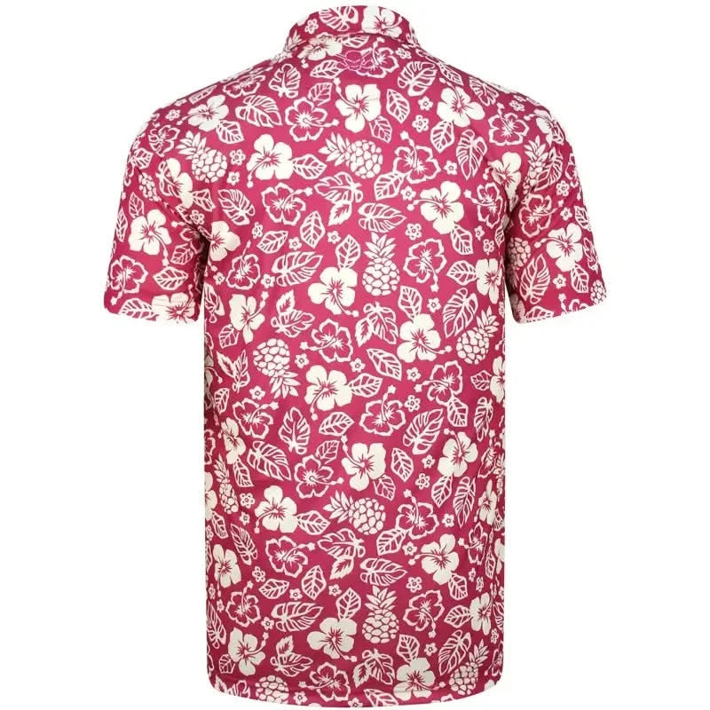 Back view of Aloha Cool-Stretch Men's Hawaiian Golf Shirt in Red/Tan featuring a floral pattern.