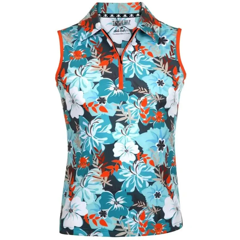 A sleeveless women's golf shirt with a colorful floral pattern in shades of teal and orange, featuring a three-button placket and a skull design on the back.