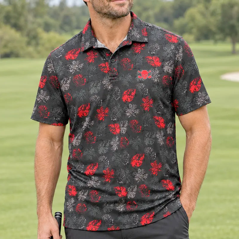 black and red floral pattern on a men's golf shirt