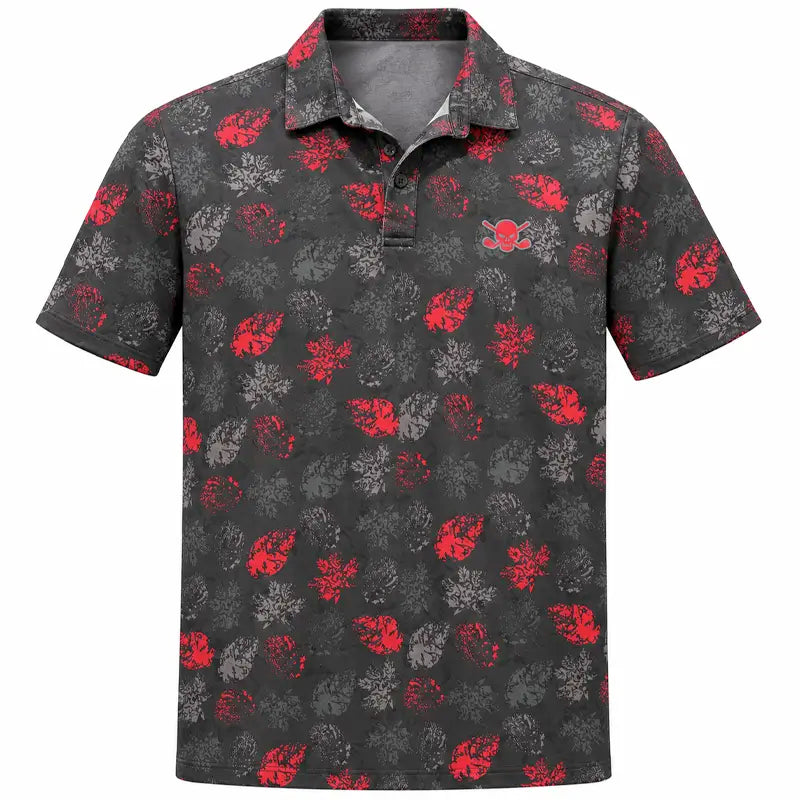 Front view of a black red-and-grey floral polo displayed on white.