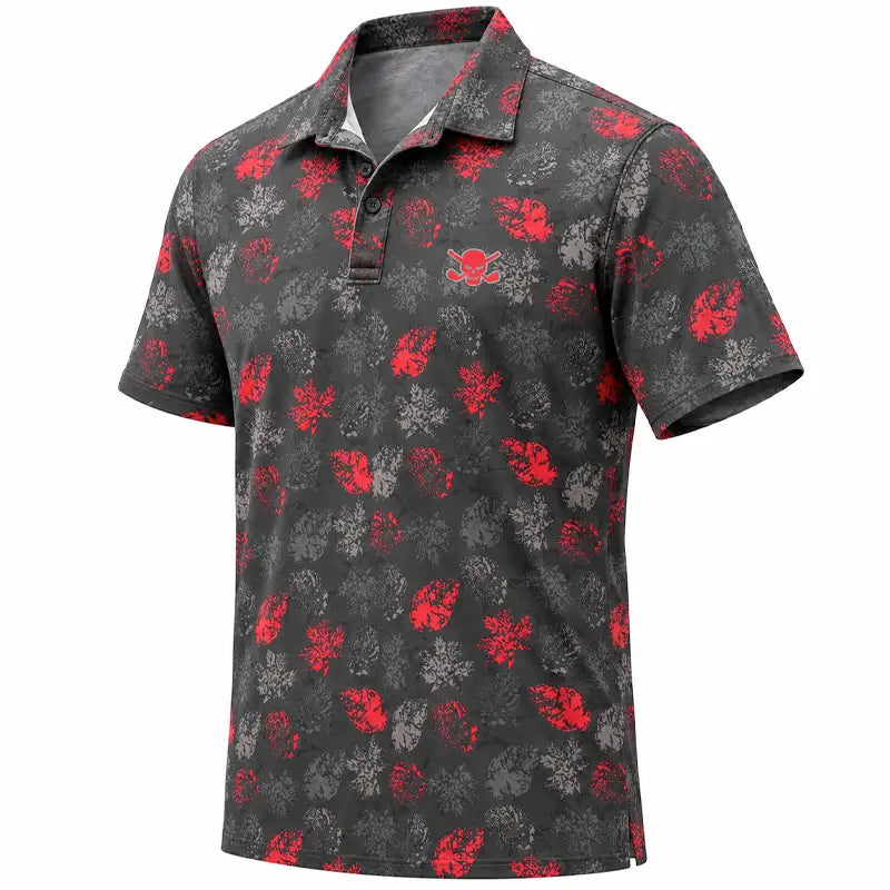 Angled front view of a black red-and-grey floral polo displayed on white.