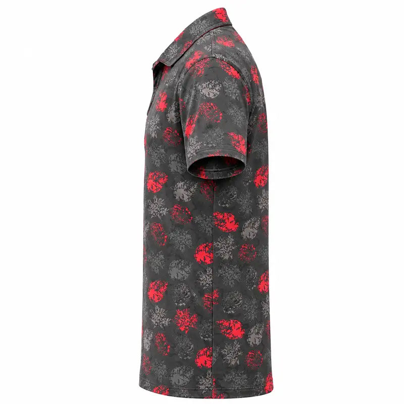 Side profile of a black red-and-grey floral polo displayed on white.