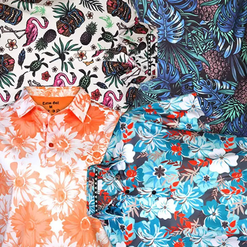 Collection of colorful patterned shirts on a white background
