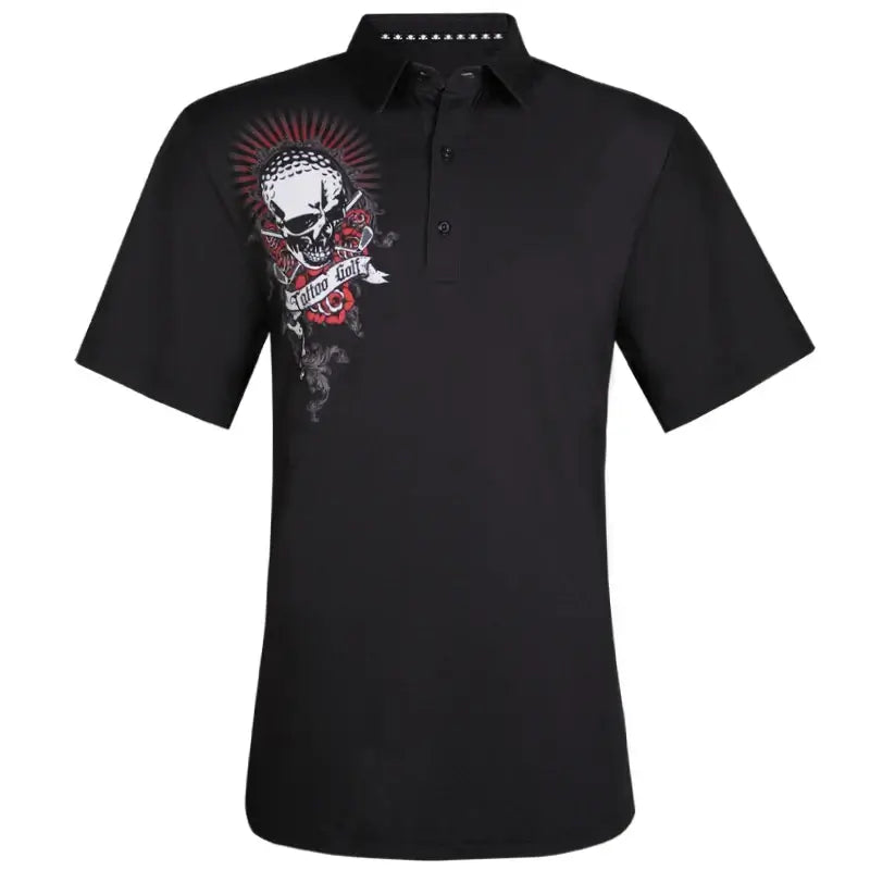 Bad Lies Cool-Stretch Golf Shirt in Black featuring bold skull design and premium fabric for performance on the course.