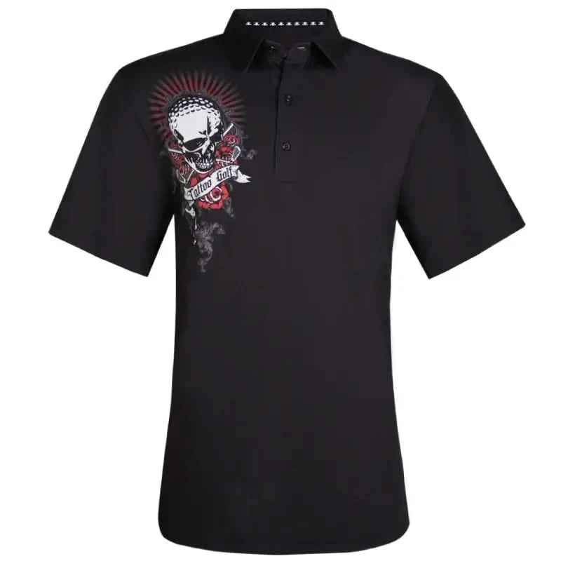 Bad Lies Cool-Stretch Golf Shirt in Black featuring bold skull design and premium fabric for performance on the course.